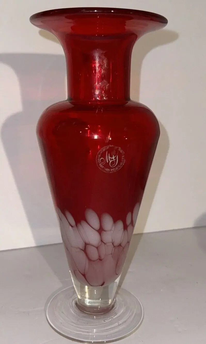 Margie's Garden Large Hand Blown Vase Ruby Red with White w/Label